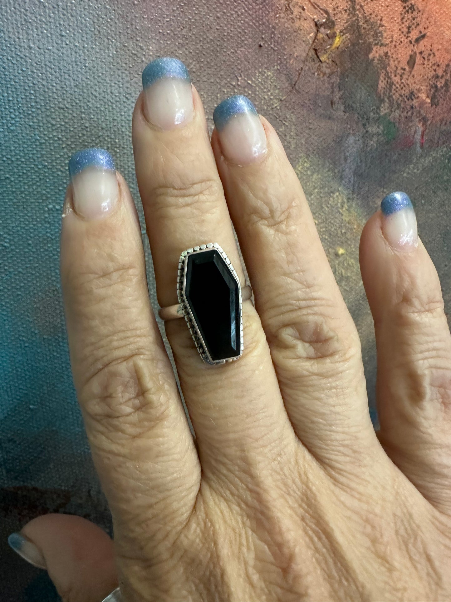 925 Sterling Silver Black Obsidian Coffin ⚰️ Ring - SIZE 8