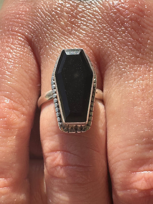 925 Sterling Silver Black Obsidian Coffin ⚰️ Ring - SIZE 8