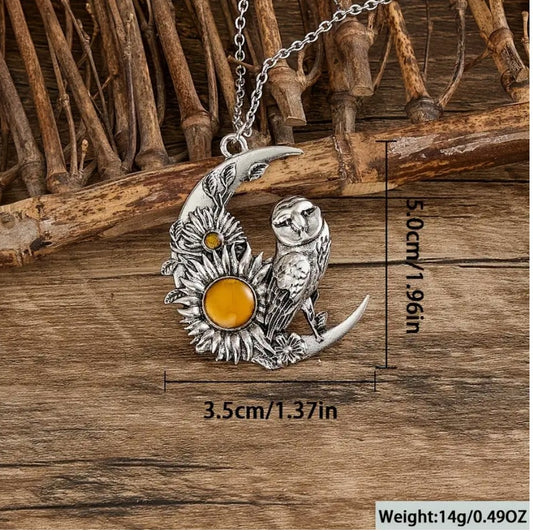 Owl Moon with Sunflowers Pendant with Necklace