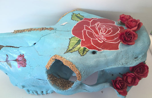 Painted Cow Skull- Blue with Red Roses