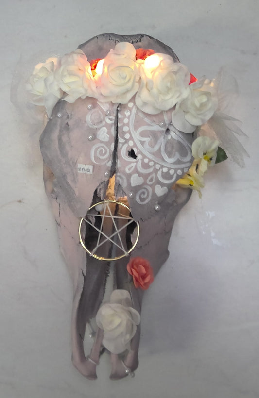 Painted Cow Skulls - Light Pink And White Roses - Lights Up
