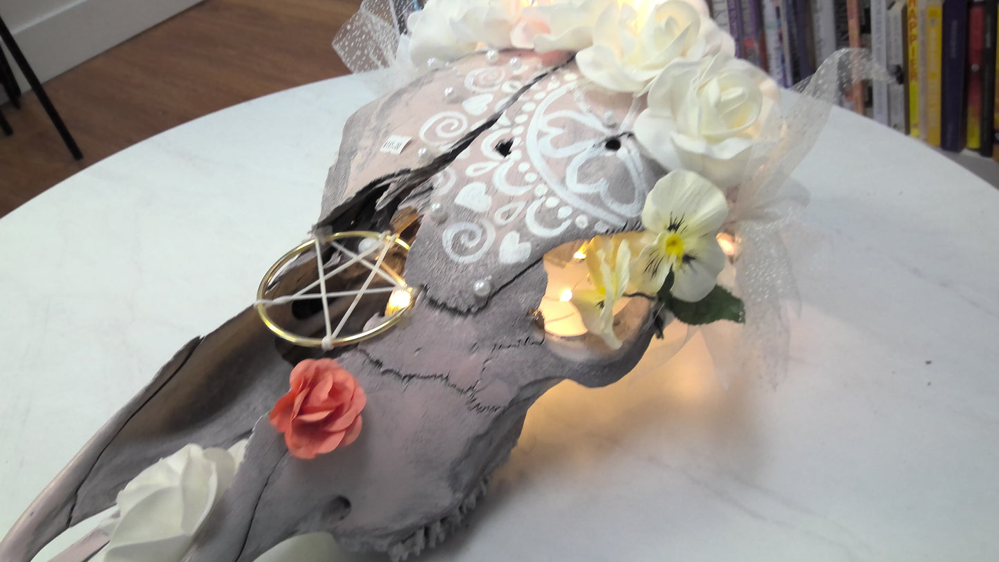 Painted Cow Skulls - Light Pink And White Roses - Lights Up