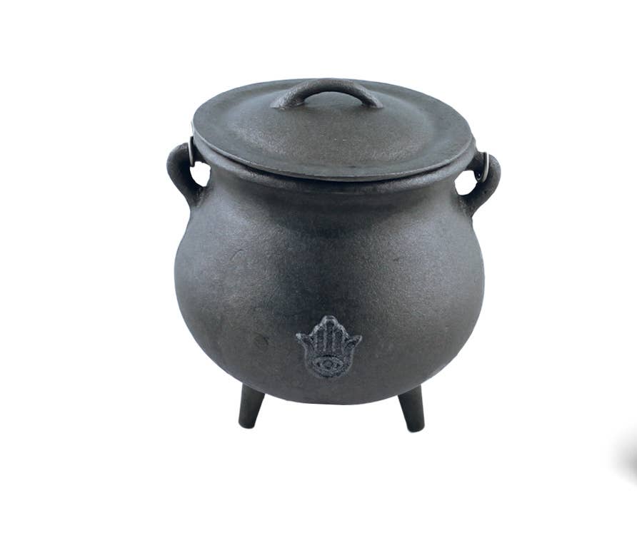 Hand of Hamsa Cast Iron Cauldron (7 inch) with Lid.