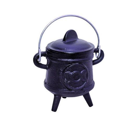 Triple Moon Cast Iron Cauldron with Holder Handle and Lid (4.5 Inch)